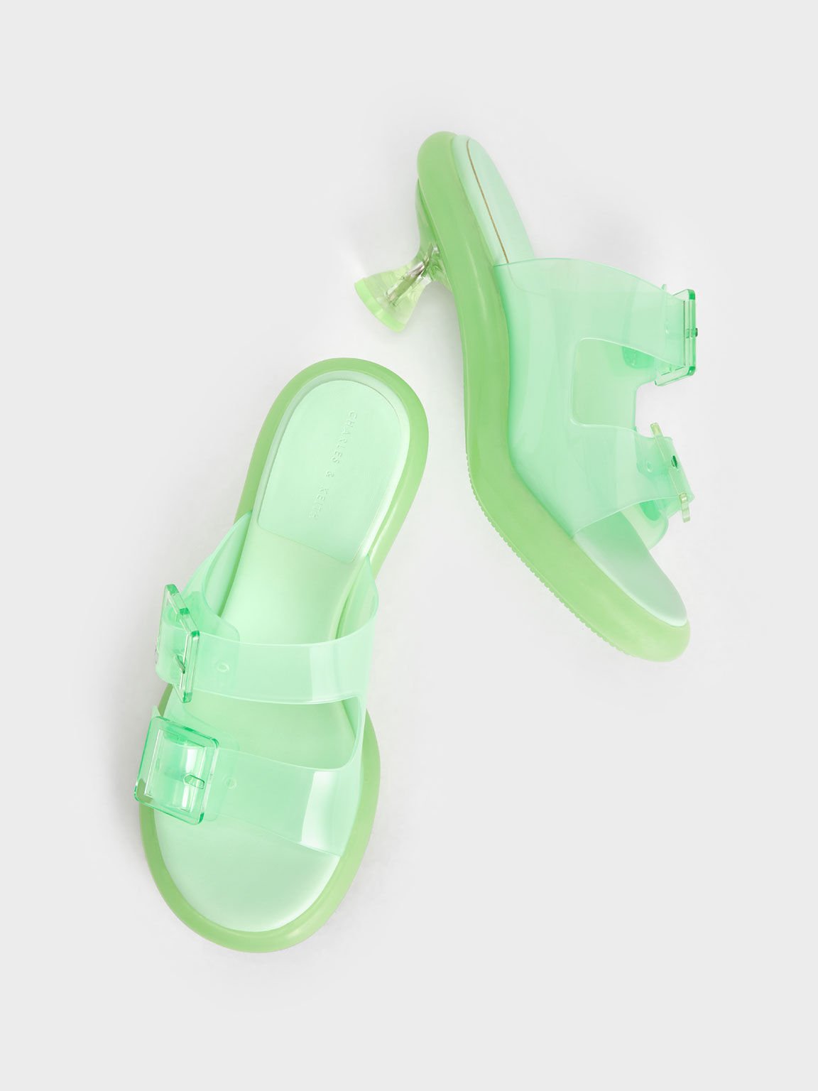 Madison Double Buckle See-Through Mules, Green, hi-res