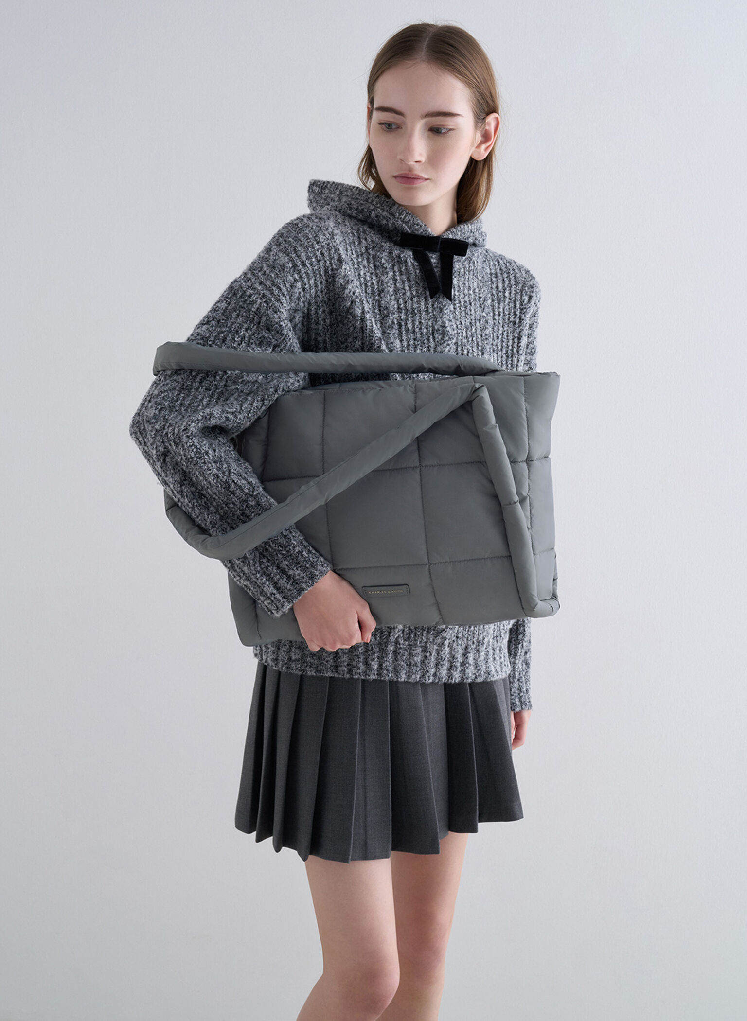 Errya Nylon Quilted Puffy Tote Bag, Grey, hi-res