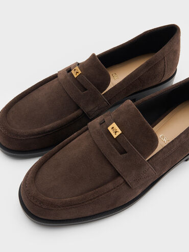 Georgina Suede Metallic-Accent Penny Loafers, Dark Brown Textured, hi-res