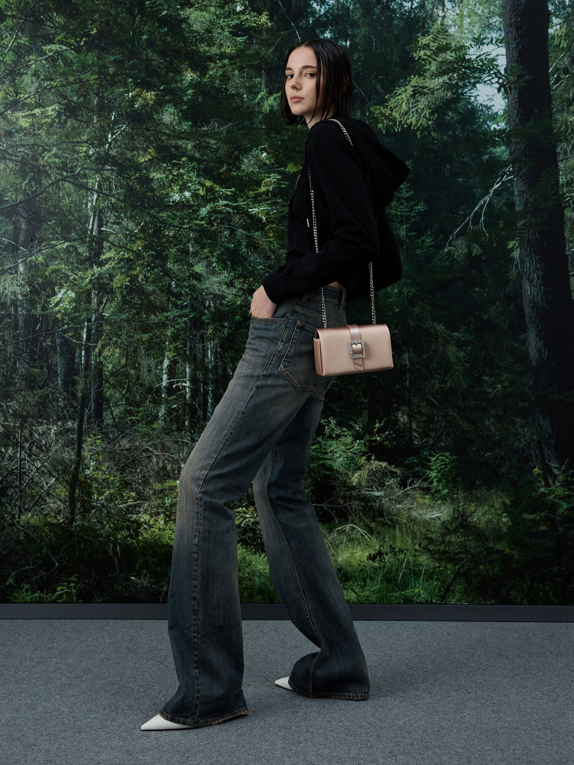 Sunset Nude Satin Crystal-Buckle Belted Chain-Handle Bag