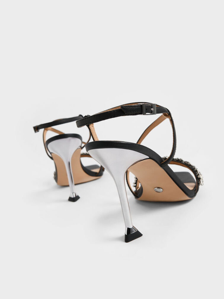 Leather Gem-Embellished Strappy Sandals, Black, hi-res