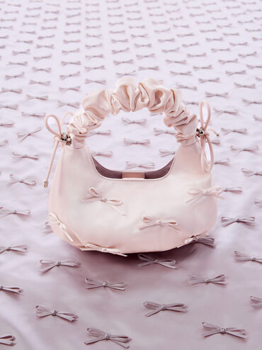 Bolso de satén con lazo y asa fruncida, Rosa pálido, hi-res