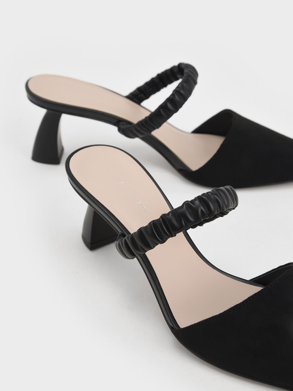 Ruched Strap Textured Mules, Black, hi-res