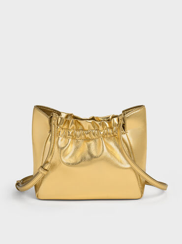 Brigette Ruched Metallic Chain-Handle Shoulder Bag, Gold, hi-res