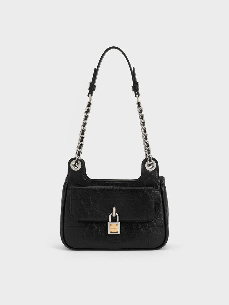 Suki Crinkle-Effect Padlock Shoulder Bag, Noir, hi-res