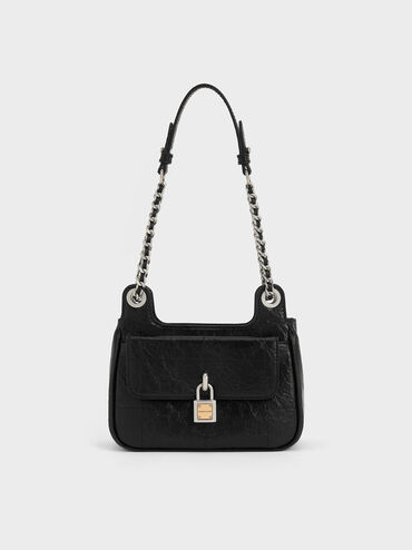 Bolso Suki acabado arrugado con candado, Noir, hi-res