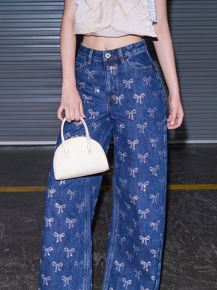 Satin Half-Moon Bowling Bag, White, hi-res