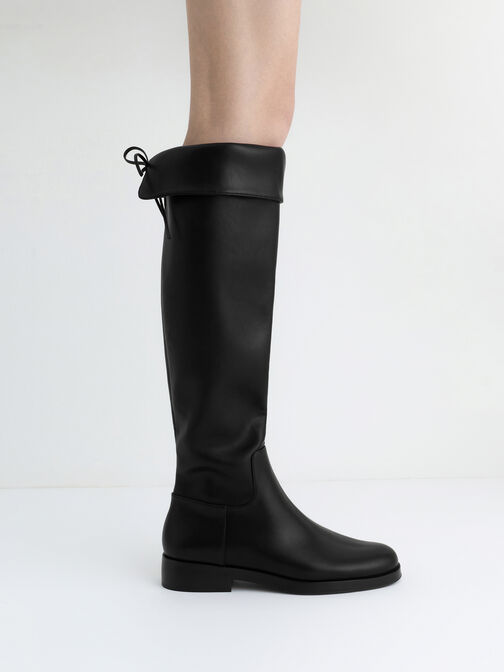 Fold-Over Back-Tie Thigh-High Boots, Black, hi-res