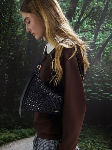 Calla Woven Shoulder Bag, Black, hi-res