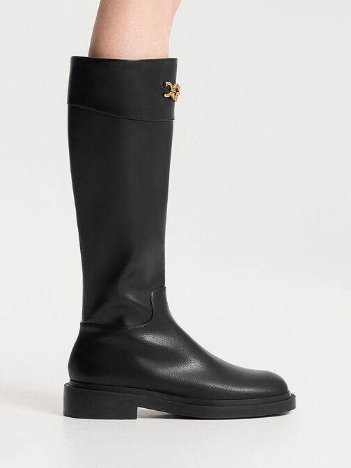 Metallic Chain Accent Knee-High Boots, Black, hi-res