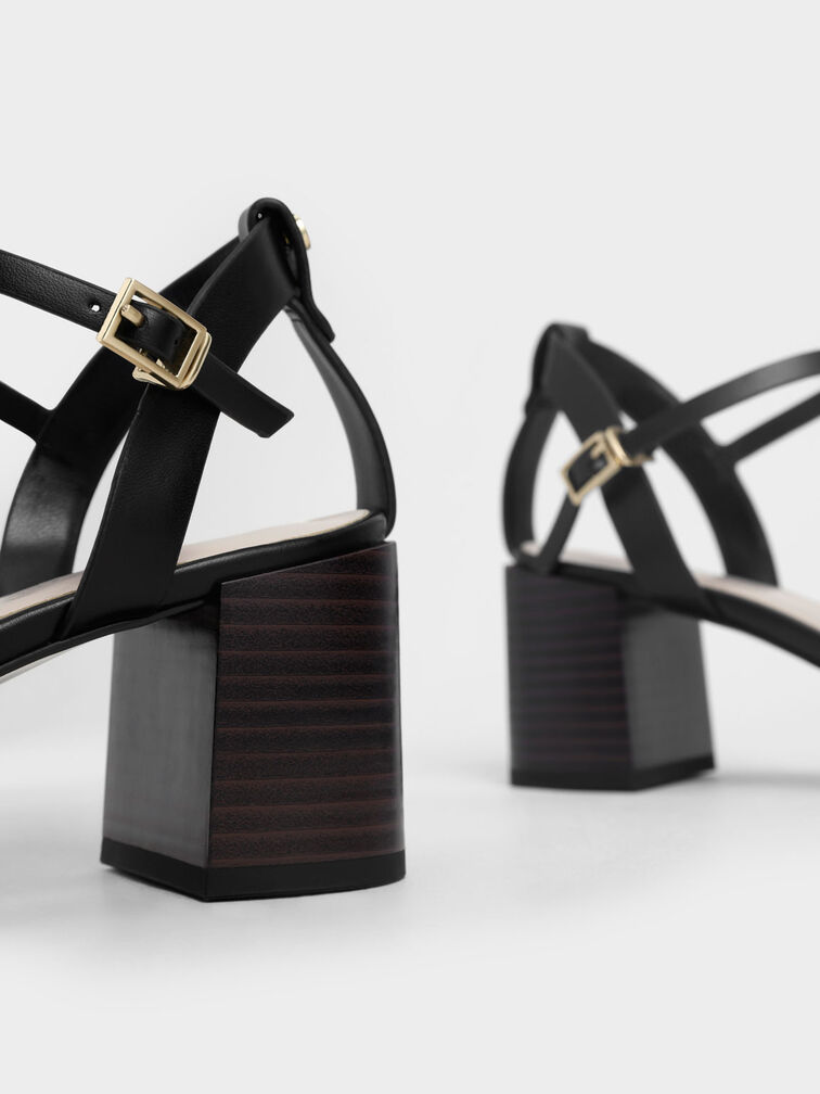 Ankle Strap Stacked Heel Sandals, Black, hi-res