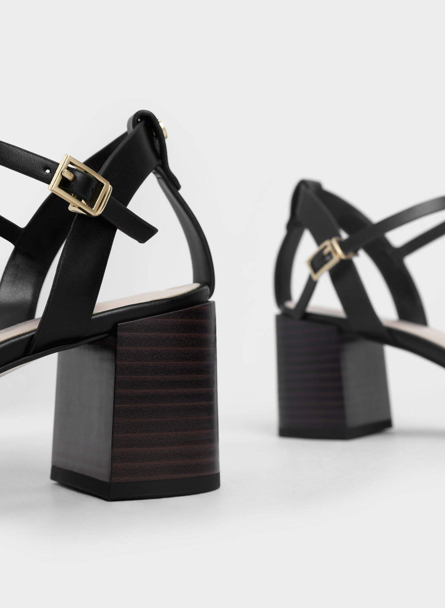 Ankle Strap Stacked Heel Sandals, Black, hi-res