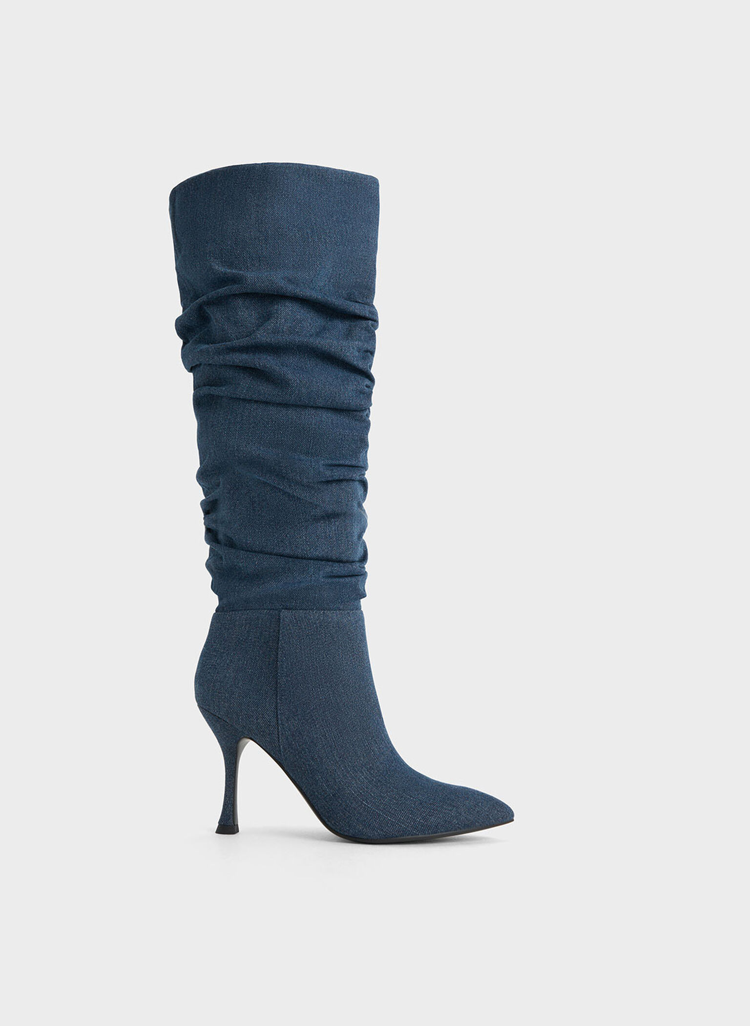 Aster Denim Ruched Knee-High Boots, Blue, hi-res