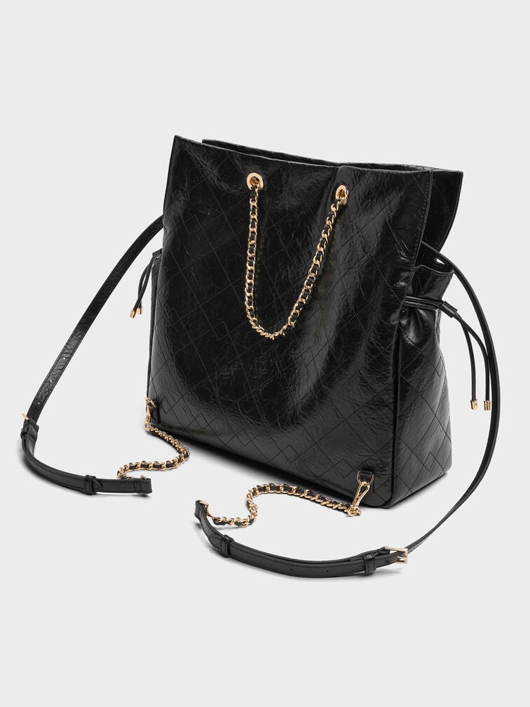 Mochila doble acolchada con correa trenzada y cordón ajustable, Negro, hi-res