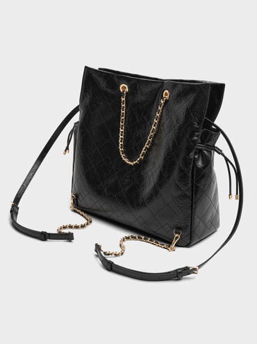 Duo Quilted Braided-Strap Drawstring Two-Way Backpack, Black, hi-res