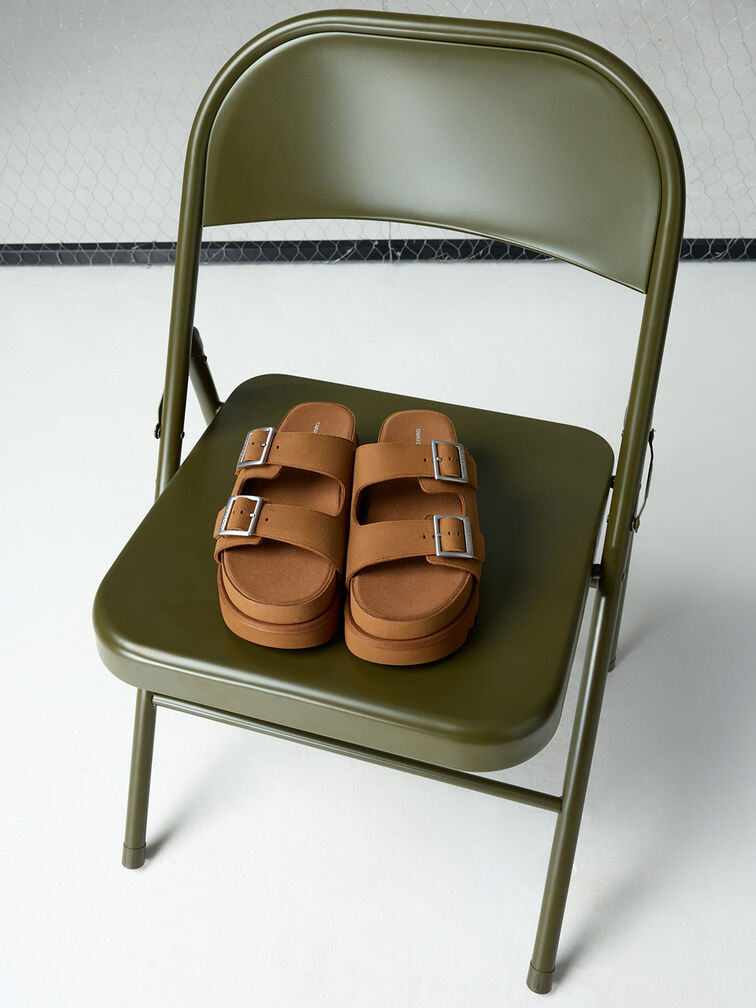 Buckled Double-Strap Flatform Sandals, Marrón, hi-res