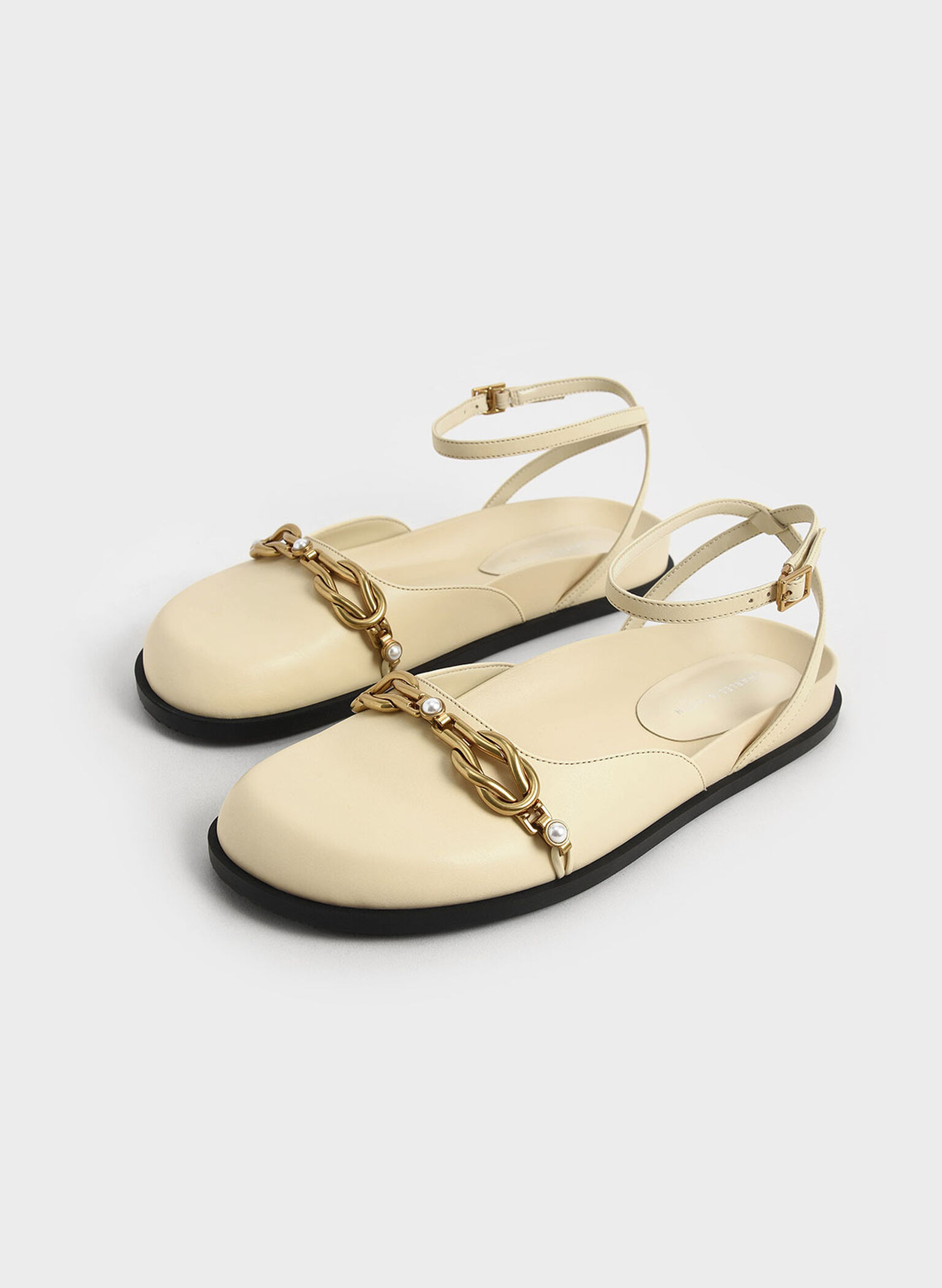 Beaded Chain-Link Ankle Strap Flats, Chalk, hi-res