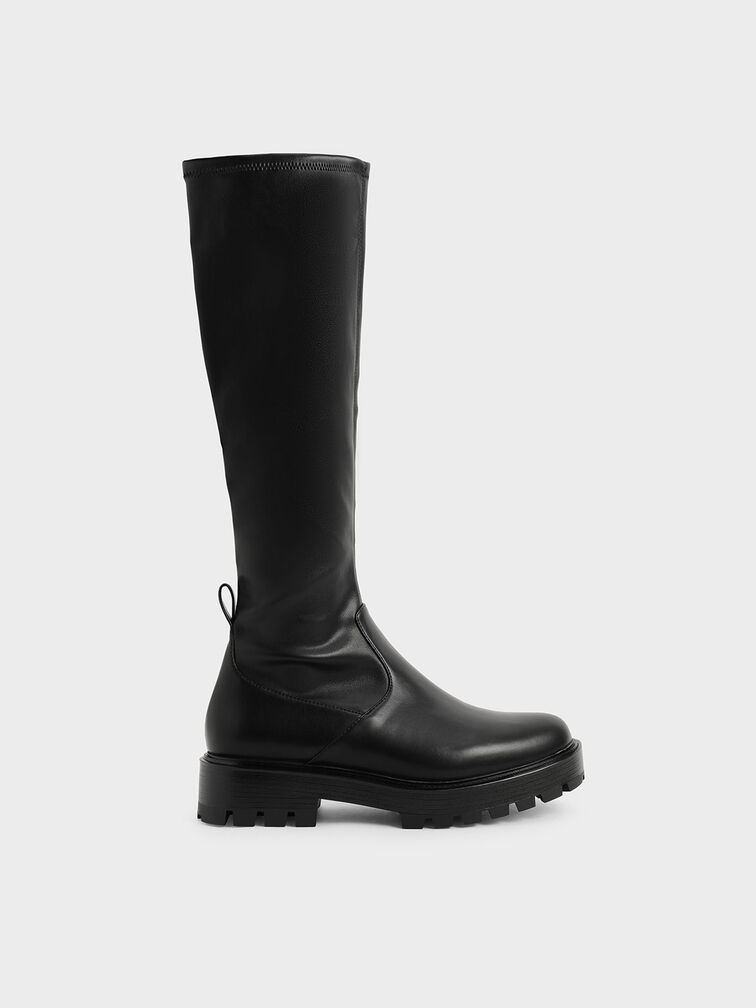 Pull-Tab Chunky Knee-High Boots, Black, hi-res