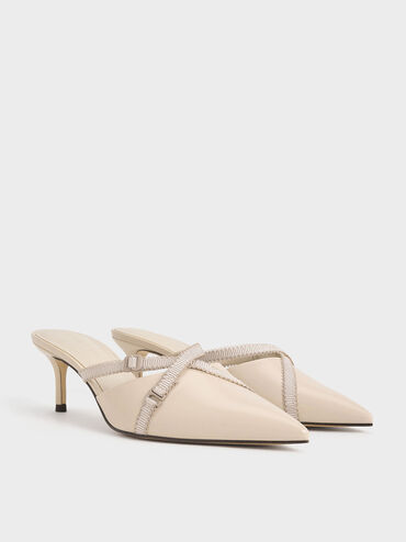 Grosgrain-Strap Pointed-Toe Mules, Nude, hi-res