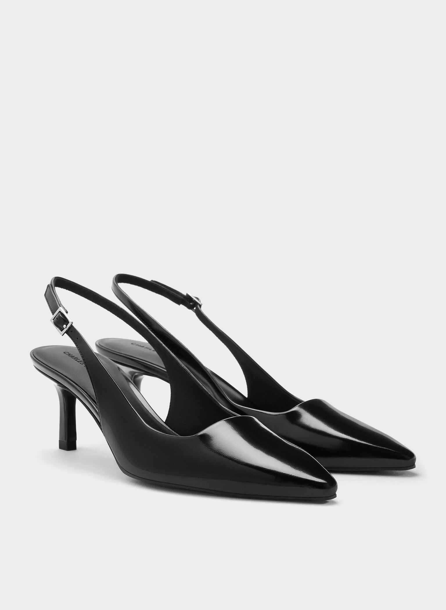 Pointed-Toe Kitten-Heel Slingback Pumps, Negro pulido, hi-res