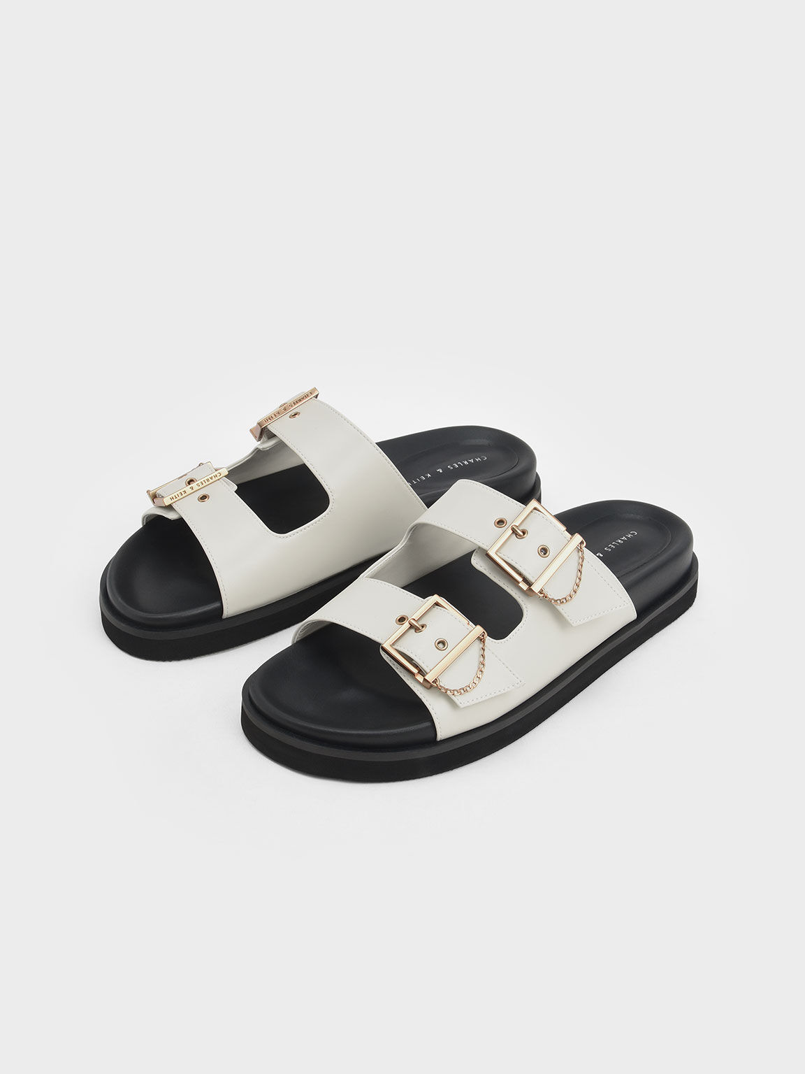 Chain-Link Buckled Slide Sandals, Chalk, hi-res