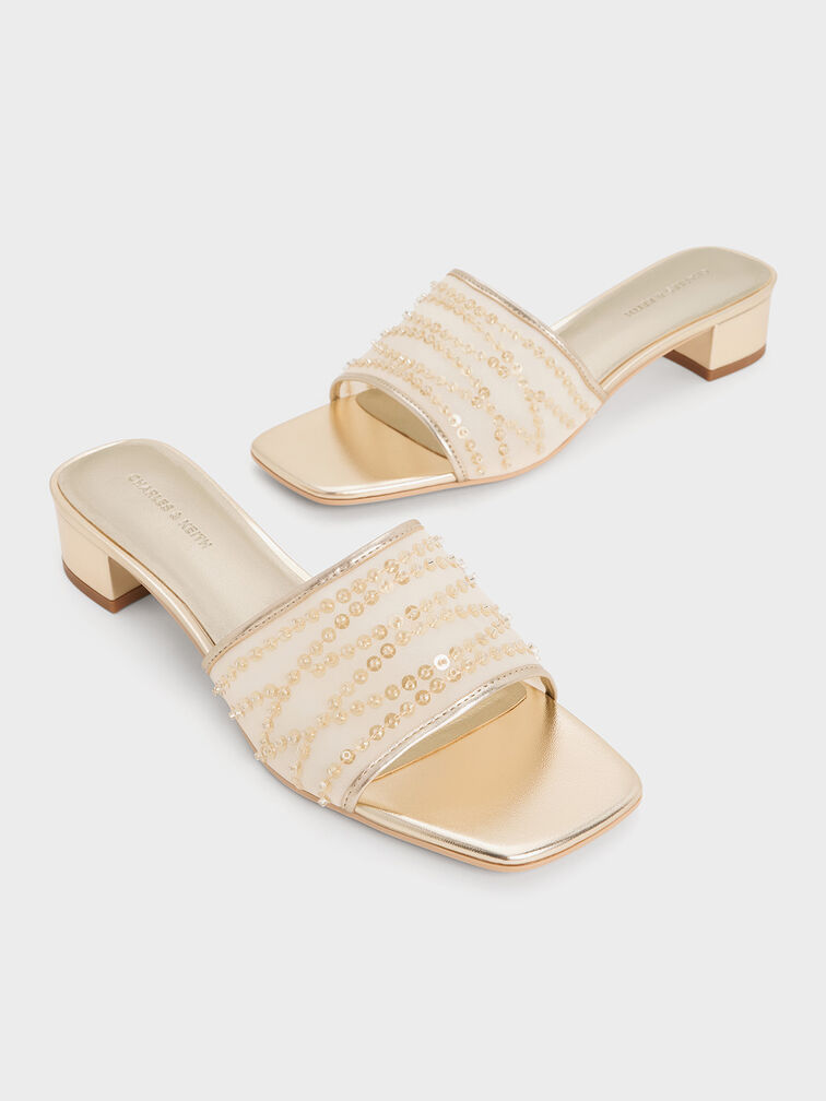Mules de malla metalizada con lentejuelas y tacón de bloque, Dorado, hi-res