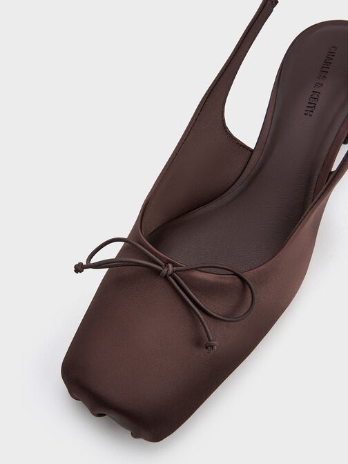 Satin Bow Square-Toe Slingback Pumps, Dark Brown, hi-res