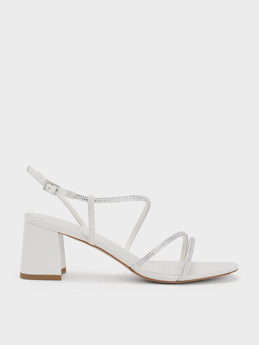 Satin Crystal-Embellished Strappy Sandals, White, hi-res