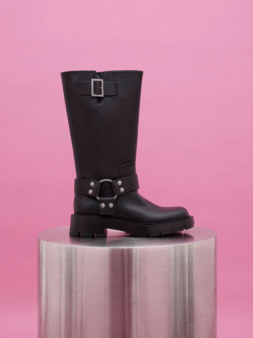 Metallic Buckled Knee-High Boots, Black, hi-res
