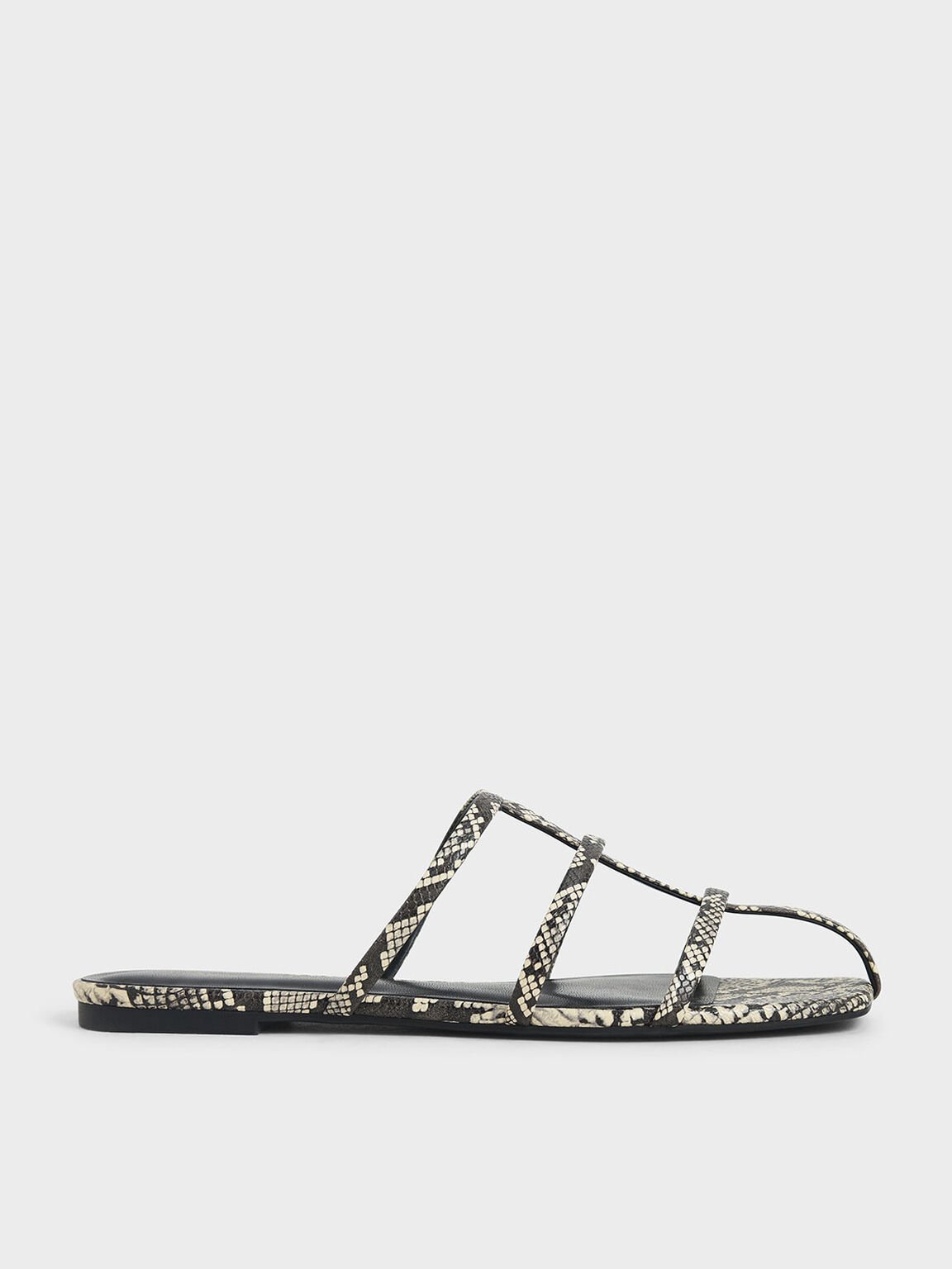 Multi Snake Print Strappy Caged Flat Sandals | CHARLES & KEITH US