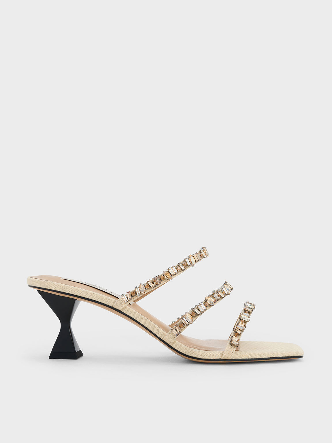 Canvas Gem-Embellished Mules, Beige, hi-res