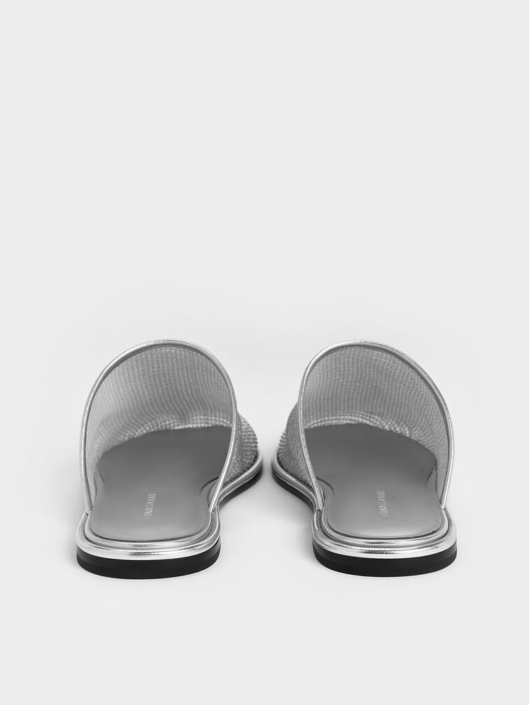 Mules planos de malla con empeine alto, Plateado, hi-res
