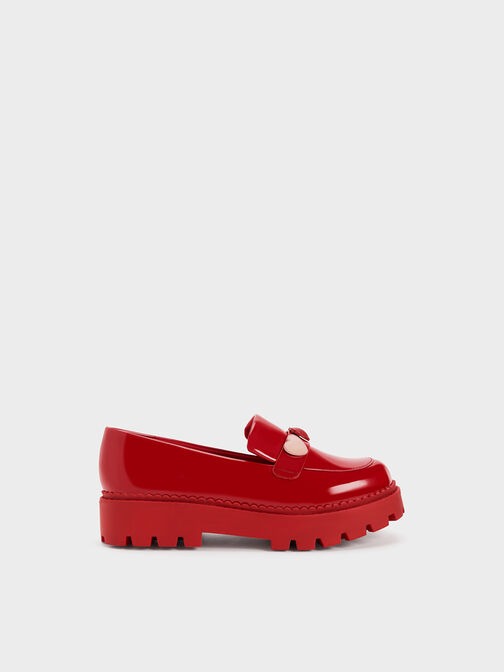 Girls' Heart-Motif Patent Penny Loafers, Red, hi-res