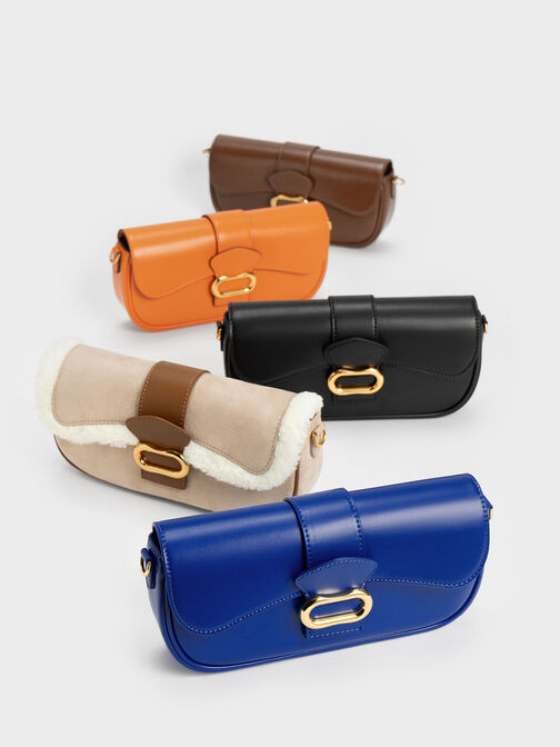 Daki Belted Fur-Trim Curved Bag, Multi, hi-res