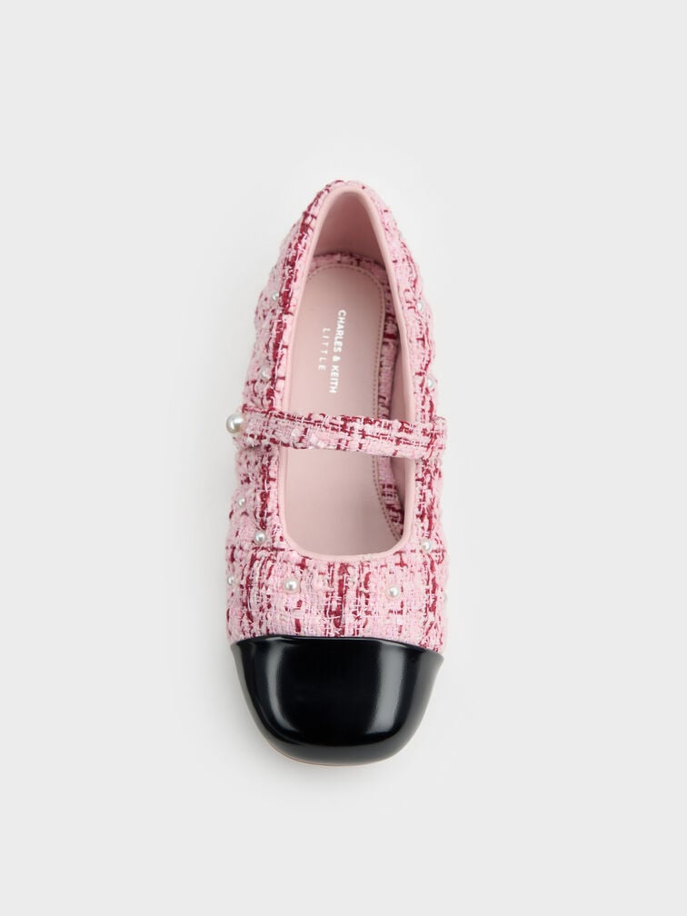 Girls' Tweed Pearl-Embellished Cap-Toe Mary Jane Flats, Pink, hi-res