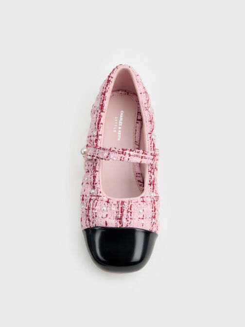 Girls' Tweed Pearl-Embellished Cap-Toe Mary Jane Flats, Pink, hi-res