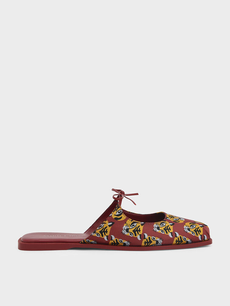 Dionne Tiger-Print Jacquard Flat Mules, Red, hi-res