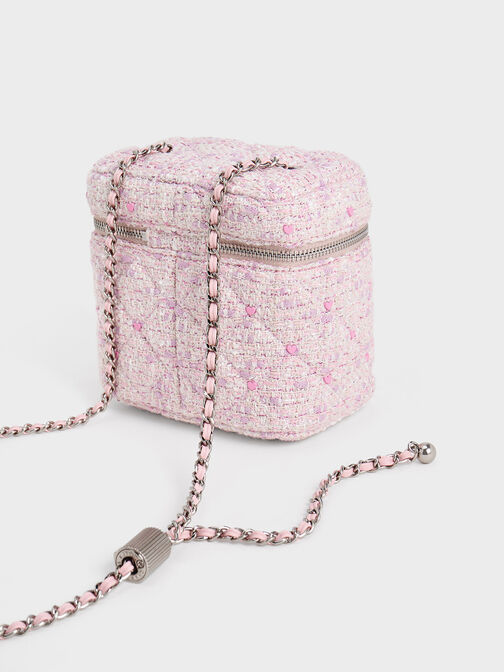 Nezu Tweed Quilted Heart-Print Bag, Pink, hi-res