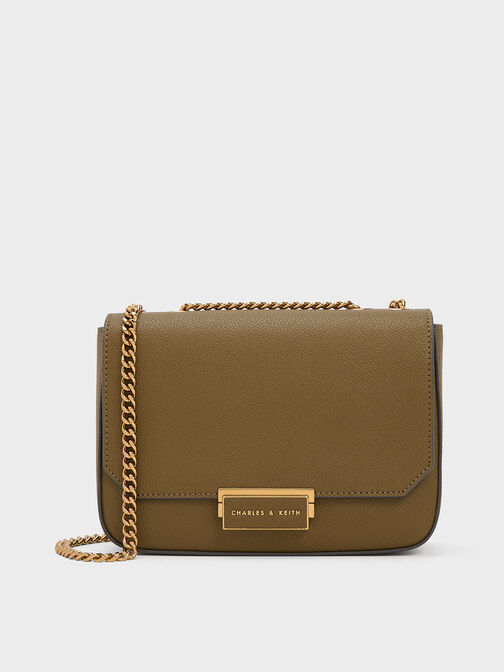 Chain Strap Shoulder Bag, Khaki, hi-res