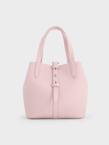 Beryl Recycled Leather Double-Handle Belted Bucket Bag, Cotton Candy Pink, hi-res
