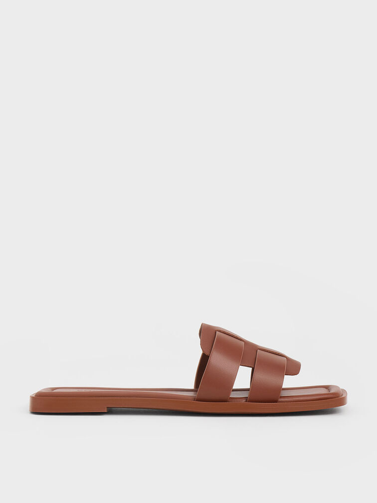 Dark Brown Trichelle Interwoven Leather Slide Sandals - CHARLES & KEITH SG