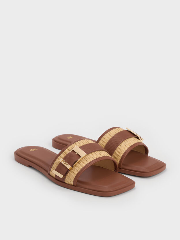 Whitney Leather & Raffia Slide Sandals, Brown, hi-res