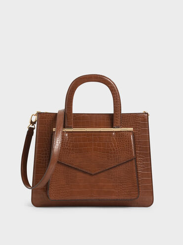 Croc-Effect Structured Tote Bag, Dark Brown, hi-res