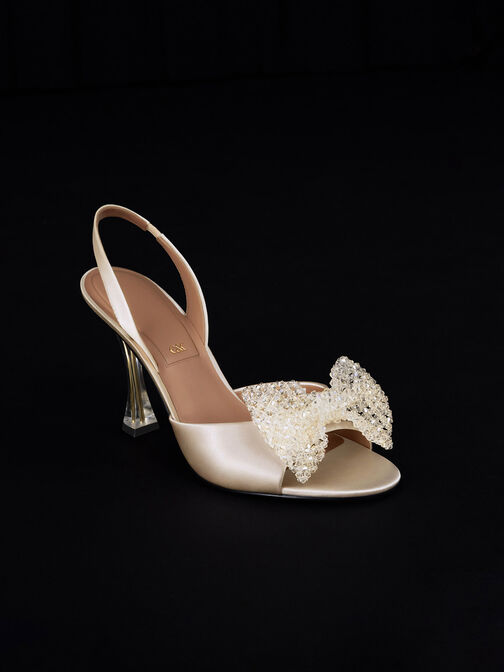 Recycled Polyester Beaded Bow Slingback Pumps, Champagne, hi-res