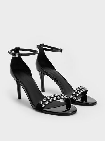 Patent Crystal-Embellished Heeled Ankle-Strap Sandals, Black Patent, hi-res