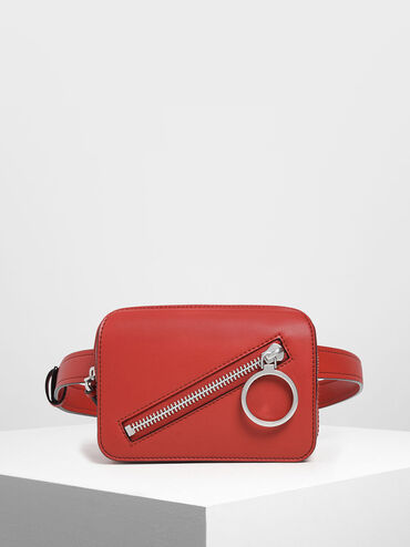 Ring Zip Pocket Two-Way Belt Bag, Red, hi-res