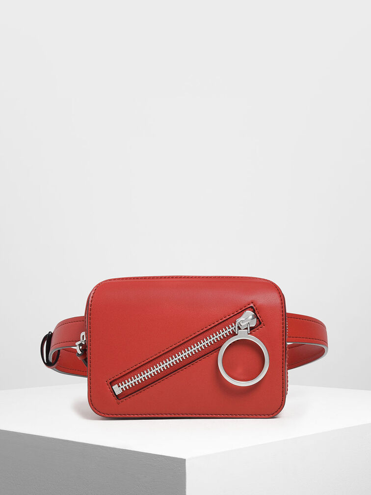 Ring Zip Pocket Two-Way Belt Bag, Red, hi-res