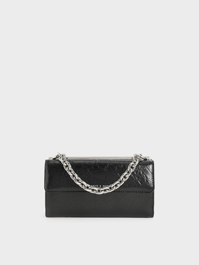 Panelled Chain Handle Wallet, Black, hi-res