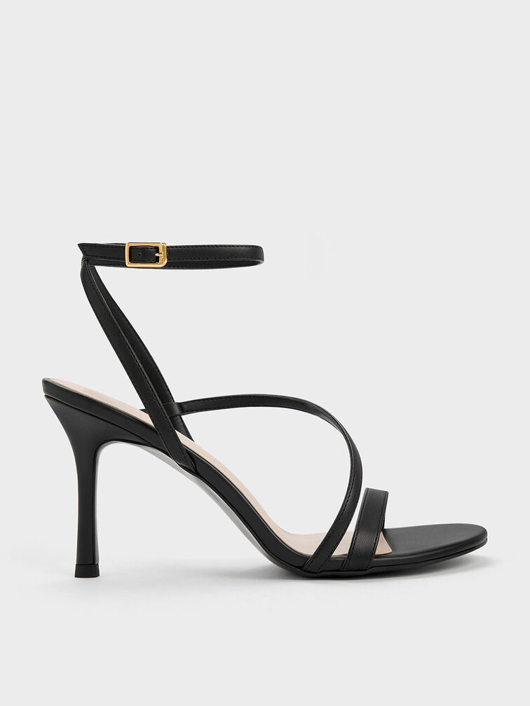 Sandalias de tiras asimétricas con tacón, Negro, hi-res