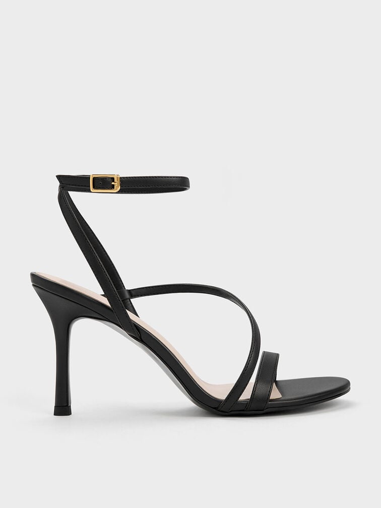 Black Asymmetric Strappy Heeled Sandals - CHARLES & KEITH CA